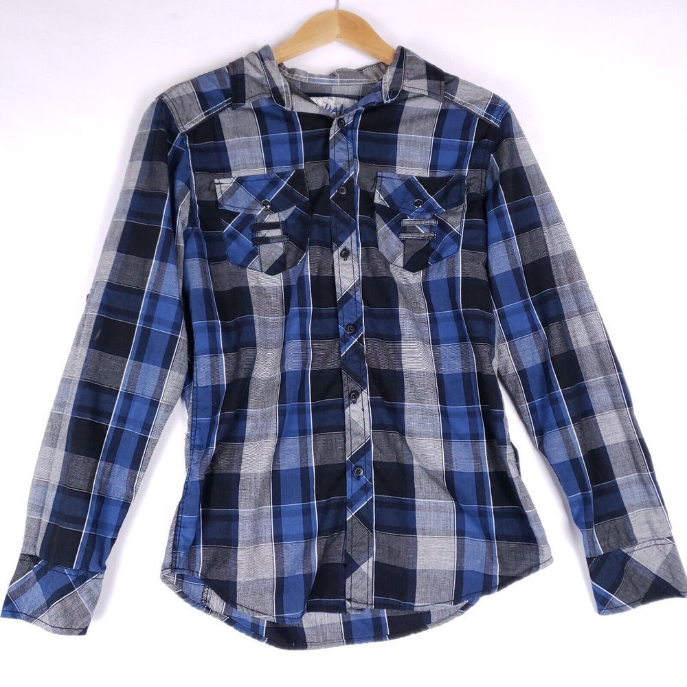 Chals Plaid Western Shirt Blue Gray Button Up Long Sleeve Cowboy Rodeo Y2K Small
